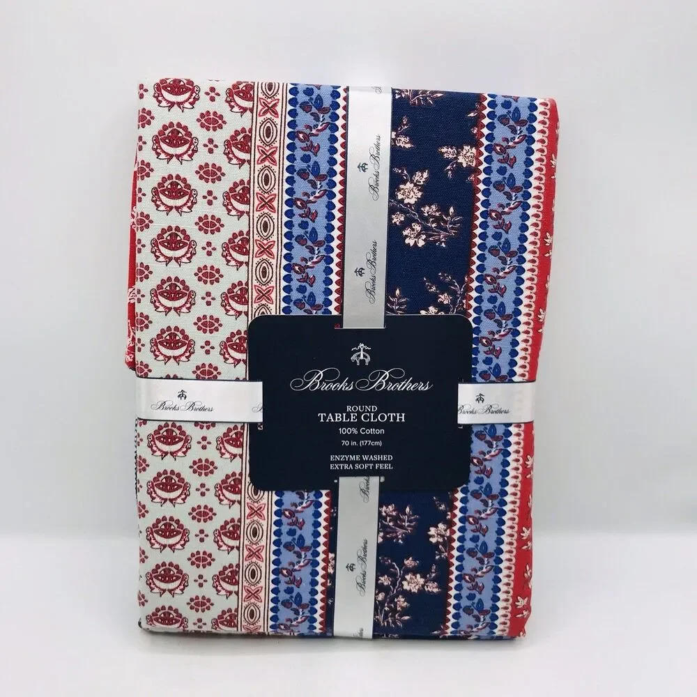 Brooks Brothers Round Tablecloth 70” Round Floral Red White Blue 100% Cotton NWT